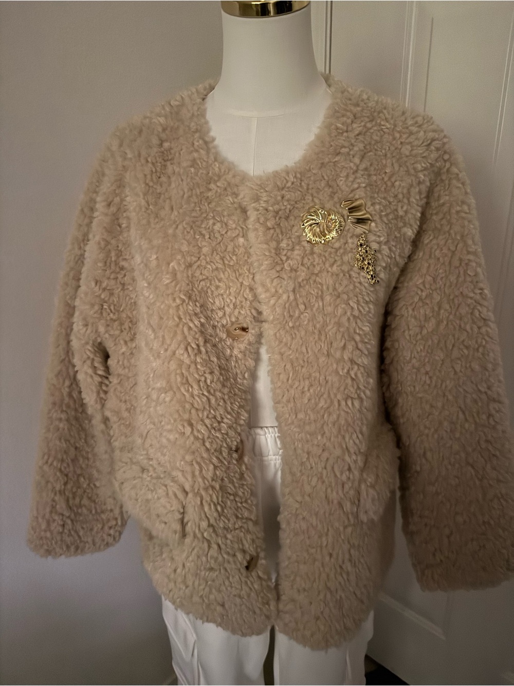 Women's Cream Teddy Coat Plush Faux Shearling Jacket